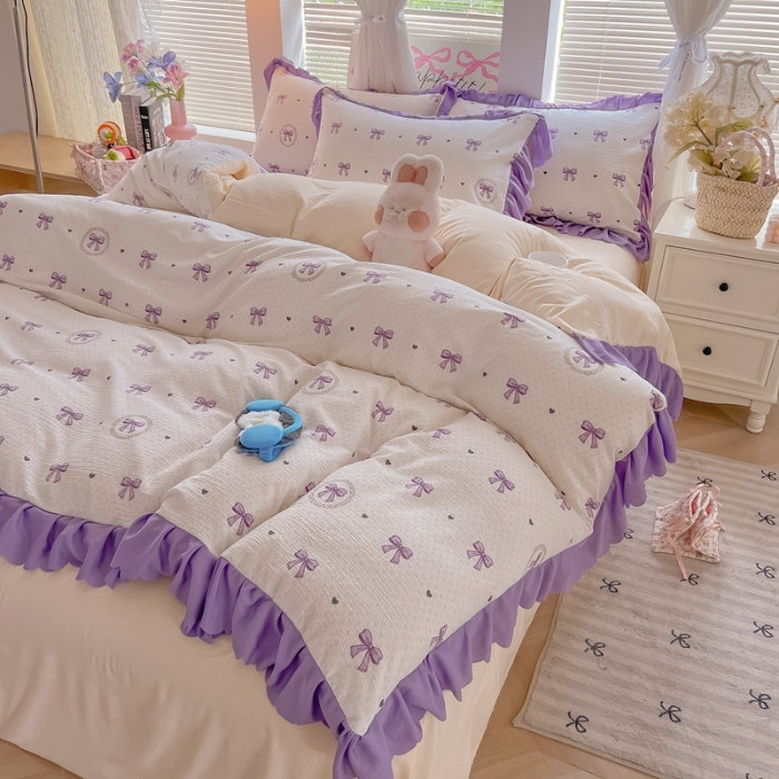 91家纺网 家纺一手货源 找家纺 （总）（含买家秀）2025年新款开学季泡泡棉小竹棉学生三件套韩版小清新田园风花边款四件套床上用品