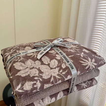 总推 金梦拉家纺 2025秋冬爆款新品高克重加厚原麻亚麻皱皱纱印花四件套