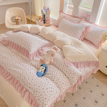 91家纺网 家纺一手货源 找家纺 （总）（含买家秀）2025年新款开学季泡泡棉小竹棉三件套学生季田园风花边款四件套床上用品