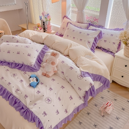 91家纺网 家纺一手货源 找家纺 （总）（含买家秀）2025年新款开学季泡泡棉小竹棉三件套学生季田园风花边款四件套床上用品