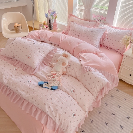 91家纺网 家纺一手货源 找家纺 （总）（含买家秀）2025年新款开学季泡泡棉小竹棉三件套学生季田园风花边款四件套床上用品