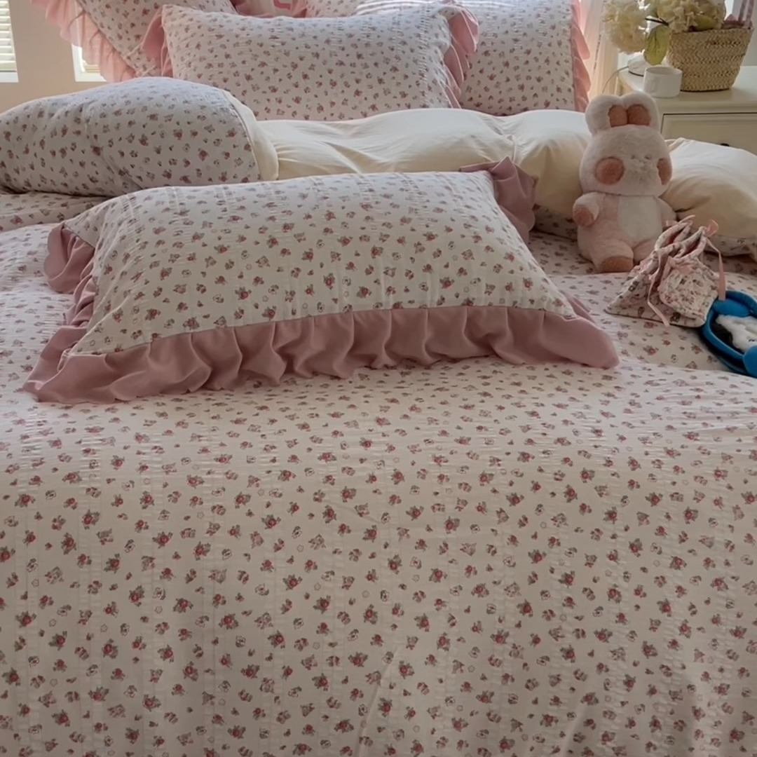 91家纺网 家纺一手货源 找家纺 （总）（含买家秀）2025年新款开学季泡泡棉小竹棉三件套学生季田园风花边款四件套床上用品