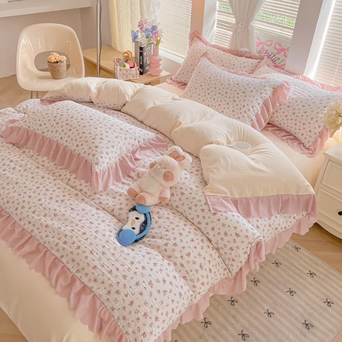 91家纺网 家纺一手货源 找家纺 （总）（含买家秀）2025年新款开学季泡泡棉小竹棉三件套学生季田园风花边款四件套床上用品