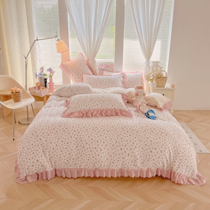 91家纺网 家纺一手货源 找家纺 （总）（含买家秀）2025年新款开学季泡泡棉小竹棉三件套学生季田园风花边款四件套床上用品