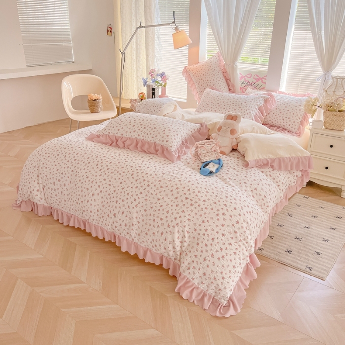 91家纺网 家纺一手货源 找家纺 （总）（含买家秀）2025年新款开学季泡泡棉小竹棉三件套学生季田园风花边款四件套床上用品