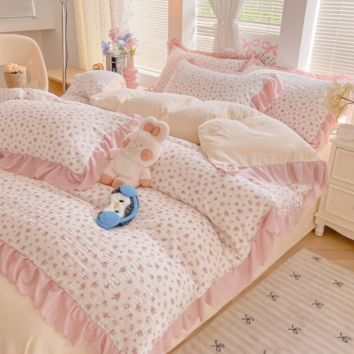 91家纺网 家纺一手货源 找家纺 （总）（含买家秀）2025年新款开学季泡泡棉小竹棉三件套学生季田园风花边款四件套床上用品