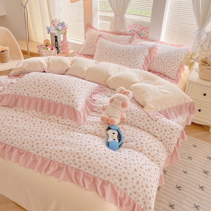 91家纺网 家纺一手货源 找家纺 （总）（含买家秀）2025年新款开学季泡泡棉小竹棉三件套学生季田园风花边款四件套床上用品