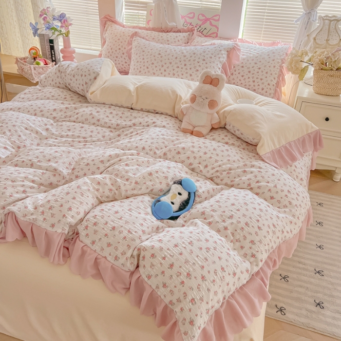 91家纺网 家纺一手货源 找家纺 （总）（含买家秀）2025年新款开学季泡泡棉小竹棉三件套学生季田园风花边款四件套床上用品