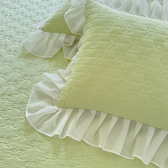 91家纺网 家纺一手货源 找家纺 苏米娜家纺2026春夏新品韩版甜美公主风超柔水洗棉床盖四件套刺绣针织棉双层纱纯棉棉麻全棉少女心夹棉床裙款夏被款床盖四件套 幻蝶-嫩芽绿 