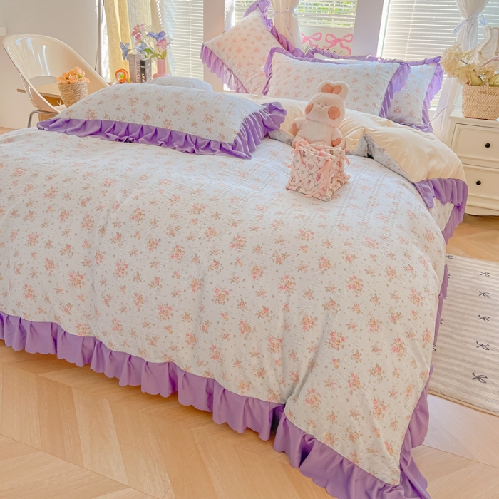 91家纺网 家纺一手货源 找家纺 （总）（含买家秀）2025年新款开学季泡泡棉小竹棉四件套韩系少女风花边款床单被套三件套床品套件