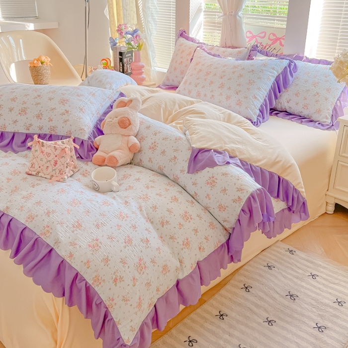 91家纺网 家纺一手货源 找家纺 （总）（含买家秀）2025年新款开学季泡泡棉小竹棉四件套韩系少女风花边款床单被套三件套床品套件