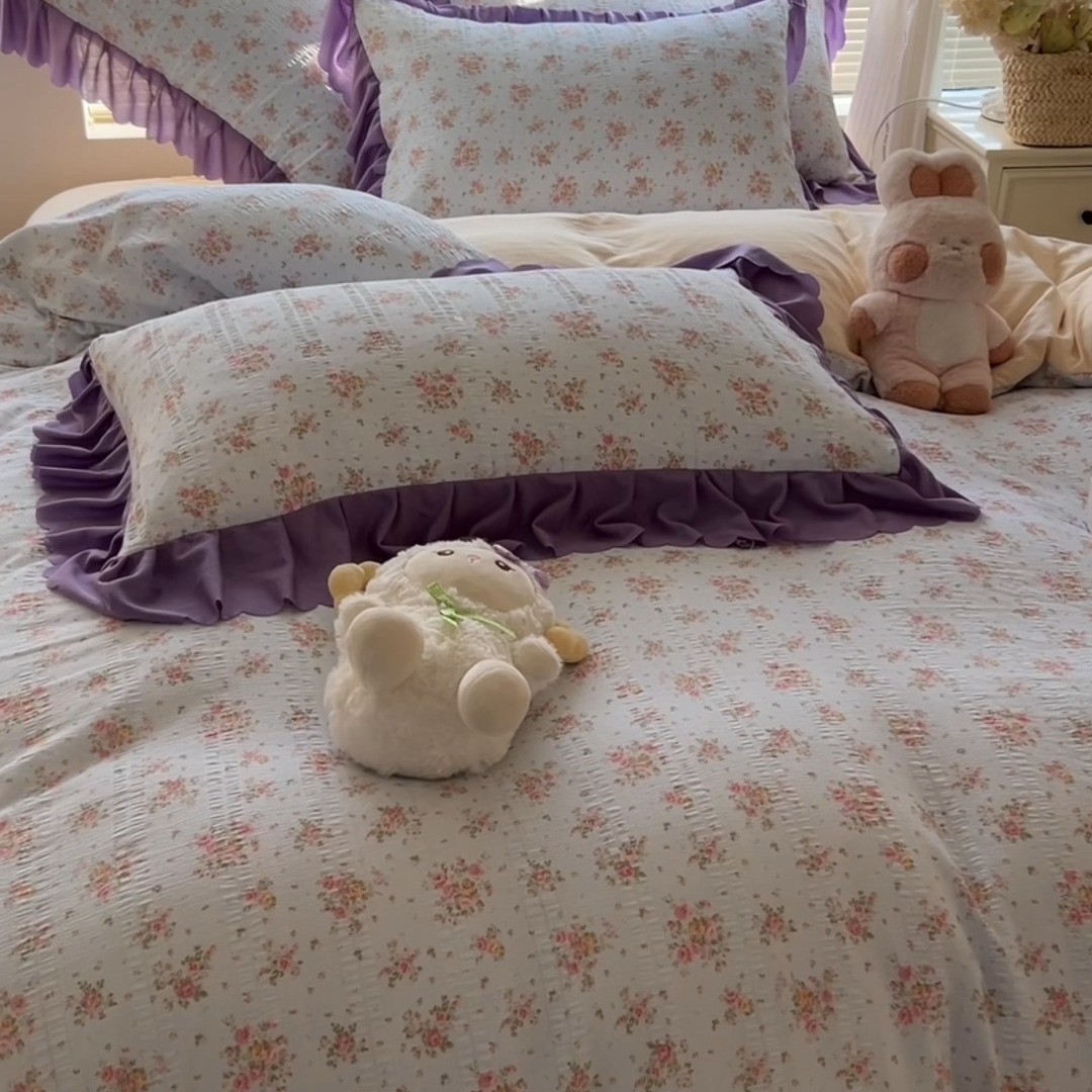 91家纺网 家纺一手货源 找家纺 （总）（含买家秀）2025年新款开学季泡泡棉小竹棉四件套韩系少女风花边款床单被套三件套床品套件