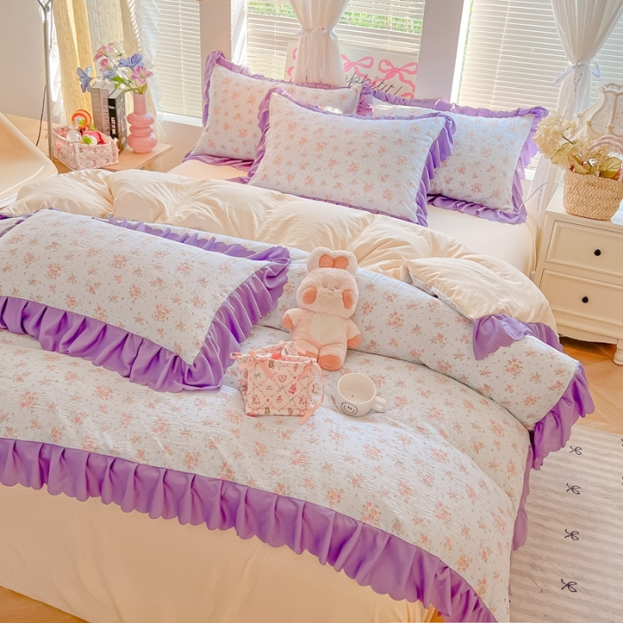 91家纺网 家纺一手货源 找家纺 （总）（含买家秀）2025年新款开学季泡泡棉小竹棉四件套韩系少女风花边款床单被套三件套床品套件