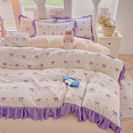 91家纺网 家纺一手货源 找家纺 （总）（含买家秀）2025年新款开学季泡泡棉小竹棉四件套韩系少女风花边款床单被套学生三件套床品套件