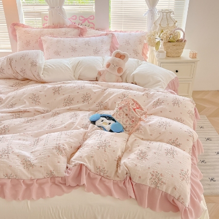 91家纺网 家纺一手货源 找家纺 （总）（含买家秀）2025年新款开学季泡泡棉小竹棉四件套韩系少女风花边款床单被套学生三件套床品套件