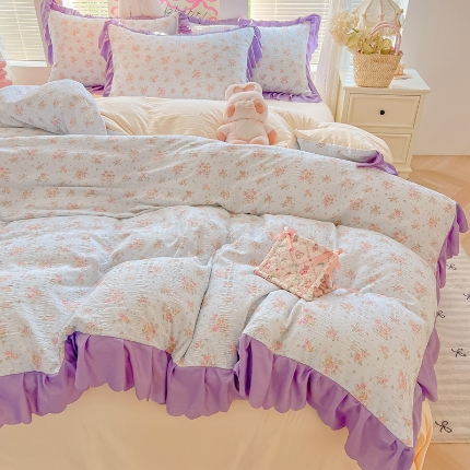 91家纺网 家纺一手货源 找家纺 （总）（含买家秀）2025年新款开学季泡泡棉小竹棉四件套韩系少女风花边款床单被套学生三件套床品套件