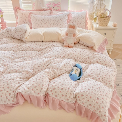 91家纺网 家纺一手货源 找家纺 （总）（含买家秀）2025年新款开学季泡泡棉小竹棉四件套韩系少女风花边款床单被套学生三件套床品套件