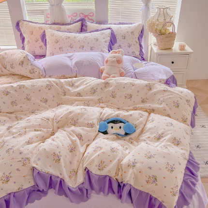 91家纺网 家纺一手货源 找家纺 （总）（含买家秀）2025年新款开学季泡泡棉小竹棉四件套韩系少女风花边款床单被套学生三件套床品套件