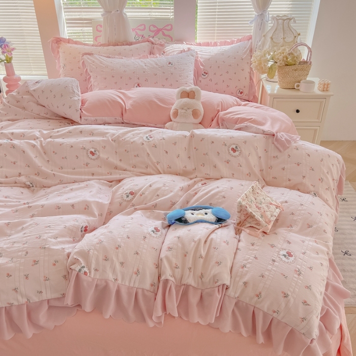 91家纺网 家纺一手货源 找家纺 （总）（含买家秀）2025年新款开学季泡泡棉小竹棉四件套韩系少女风花边款床单被套学生三件套床品套件