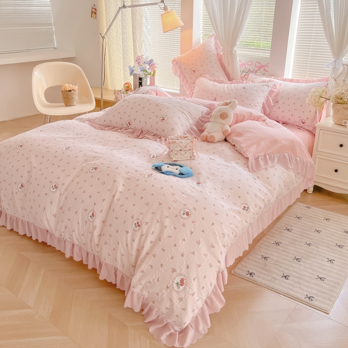 91家纺网 家纺一手货源 找家纺 （总）（含买家秀）2025年新款开学季泡泡棉小竹棉四件套韩系少女风花边款床单被套学生三件套床品套件