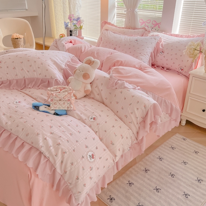 91家纺网 家纺一手货源 找家纺 （总）（含买家秀）2025年新款开学季泡泡棉小竹棉四件套韩系少女风花边款床单被套学生三件套床品套件