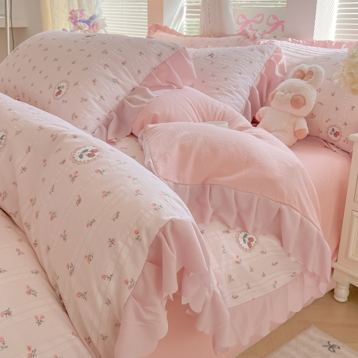 91家纺网 家纺一手货源 找家纺 （总）（含买家秀）2025年新款开学季泡泡棉小竹棉四件套韩系少女风花边款床单被套学生三件套床品套件