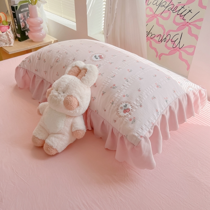 91家纺网 家纺一手货源 找家纺 （总）（含买家秀）2025年新款开学季泡泡棉小竹棉四件套韩系少女风花边款床单被套学生三件套床品套件