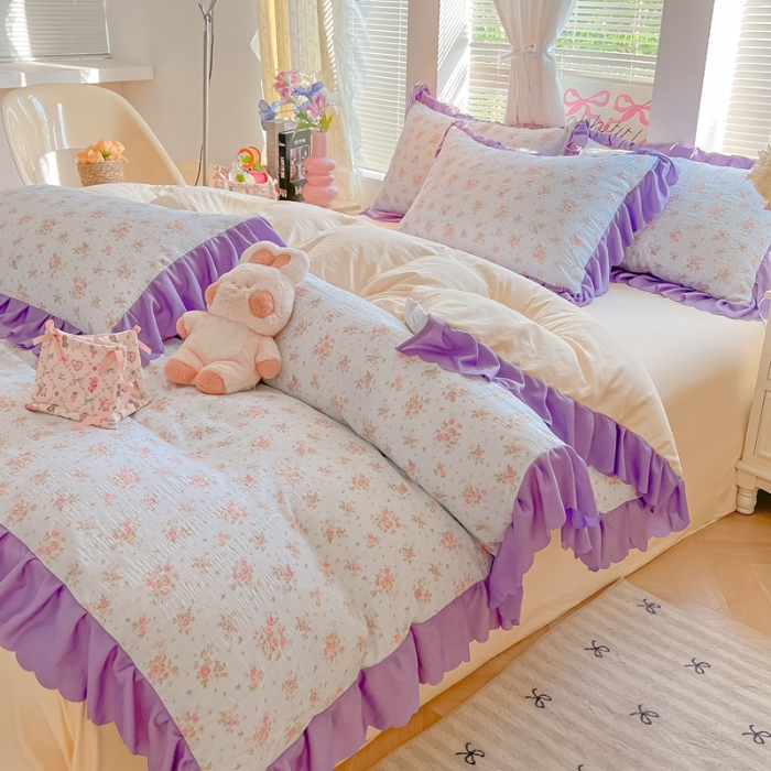 91家纺网 家纺一手货源 找家纺 （总）（含买家秀）2025年新款开学季泡泡棉小竹棉四件套韩系田园小清新花边款床单被套三件套床上用品