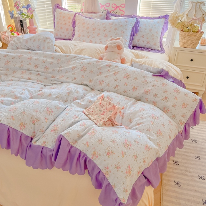 91家纺网 家纺一手货源 找家纺 （总）（含买家秀）2025年新款开学季泡泡棉小竹棉四件套韩系田园小清新花边款床单被套三件套床上用品