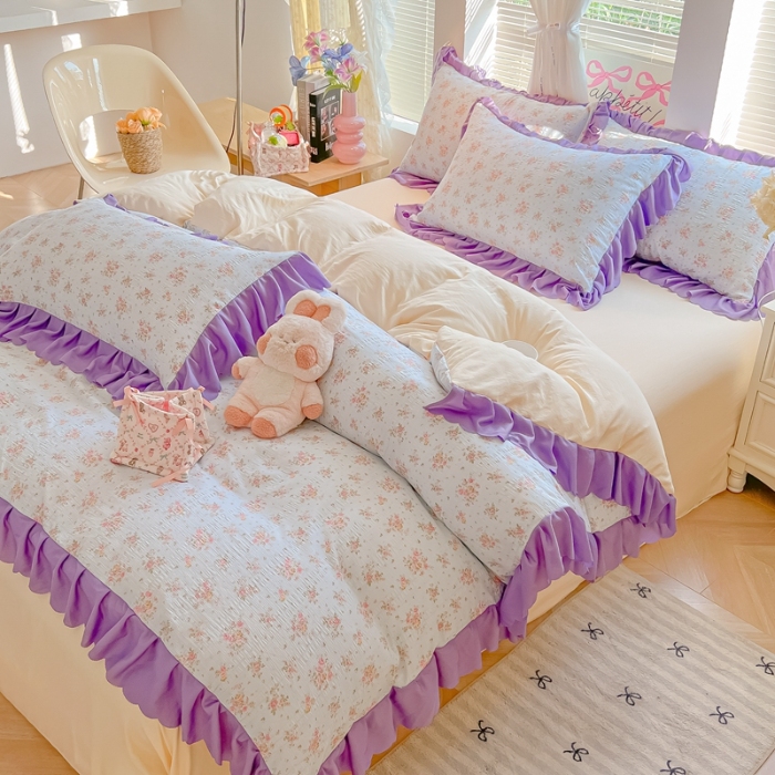 91家纺网 家纺一手货源 找家纺 （总）（含买家秀）2025年新款开学季泡泡棉小竹棉四件套韩系田园小清新花边款床单被套三件套床上用品