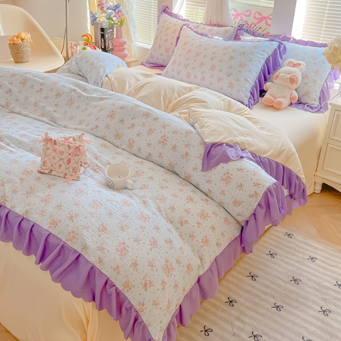 91家纺网 家纺一手货源 找家纺 （总）（含买家秀）2025年新款开学季泡泡棉小竹棉四件套韩系田园小清新花边款床单被套三件套床上用品