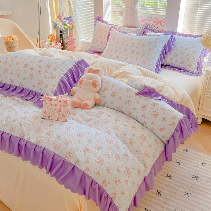 91家纺网 家纺一手货源 找家纺 （总）（含买家秀）2025年新款开学季泡泡棉小竹棉四件套韩系田园小清新花边款床单被套三件套床上用品