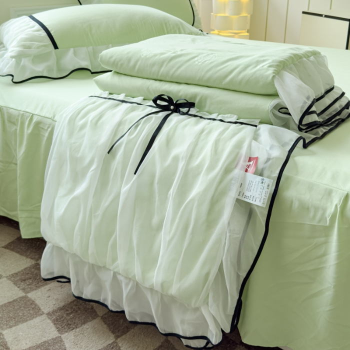 91家纺网 家纺一手货源 找家纺 漫布云2025春夏韩版公主风小香风公主风水洗棉工艺款四件套法式蕾丝花边床裙款四件套 小香—薄荷绿  