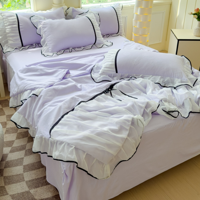 91家纺网 家纺一手货源 找家纺 漫布云2025春夏韩版公主风小香风公主风水洗棉工艺款四件套法式蕾丝花边床裙款四件套 小香-梦幻紫