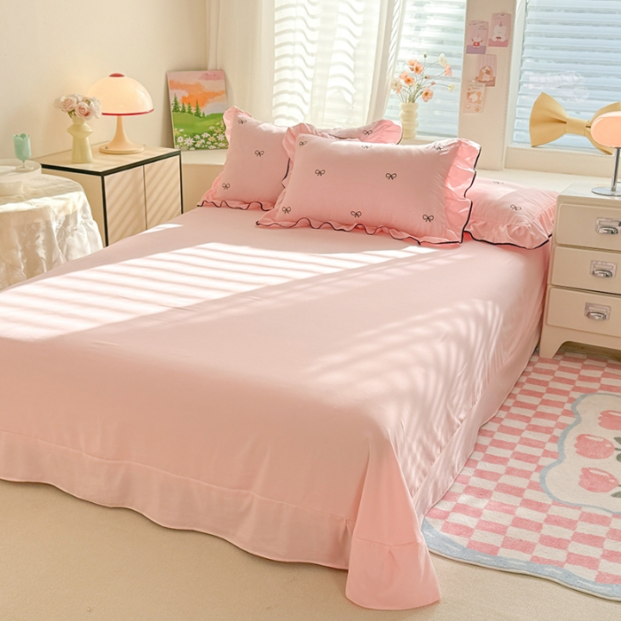 91家纺网 家纺一手货源 找家纺 漫布云2025春夏韩版公主风小香风公主风水洗棉工艺款四件套法式蕾丝花边床裙款四件套   小香—樱花粉