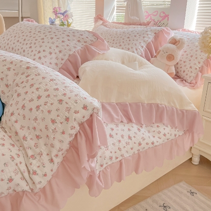 91家纺网 家纺一手货源 找家纺 （总）（含买家秀）2025年新款开学季泡泡棉小竹棉四件套小清新花边床单被套学生三件套床品套件