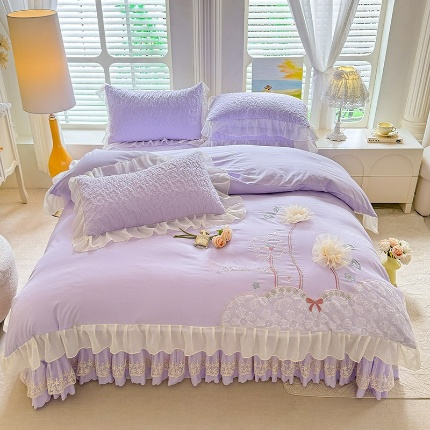 苏米娜2026春夏新品韩版公主风立体花朵超柔水洗棉刺绣蕾丝花边床盖四件套 秘密花园—梦幻紫
