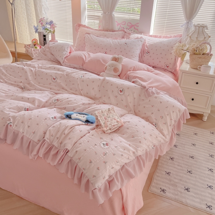 91家纺网 家纺一手货源 找家纺 （总）（含买家秀）2025年新款开学季泡泡棉小竹棉四件套小清新花边床单被套学生三件套床品套件