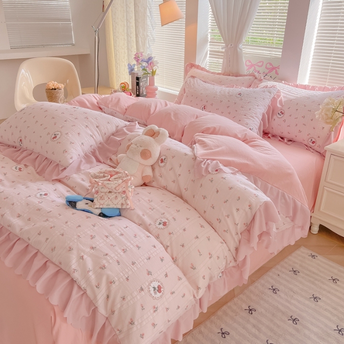 91家纺网 家纺一手货源 找家纺 （总）（含买家秀）2025年新款开学季泡泡棉小竹棉四件套小清新花边床单被套学生三件套床品套件