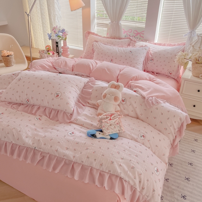 91家纺网 家纺一手货源 找家纺 （总）（含买家秀）2025年新款开学季泡泡棉小竹棉四件套小清新花边床单被套学生三件套床品套件