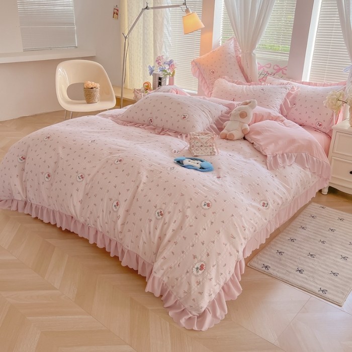 91家纺网 家纺一手货源 找家纺 （总）（含买家秀）2025年新款开学季泡泡棉小竹棉四件套小清新花边床单被套学生三件套床品套件