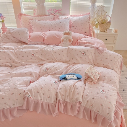 91家纺网 家纺一手货源 找家纺 （总）（含买家秀）2025年新款开学季泡泡棉小竹棉四件套小清花边床单被套宿舍三件套床上用品