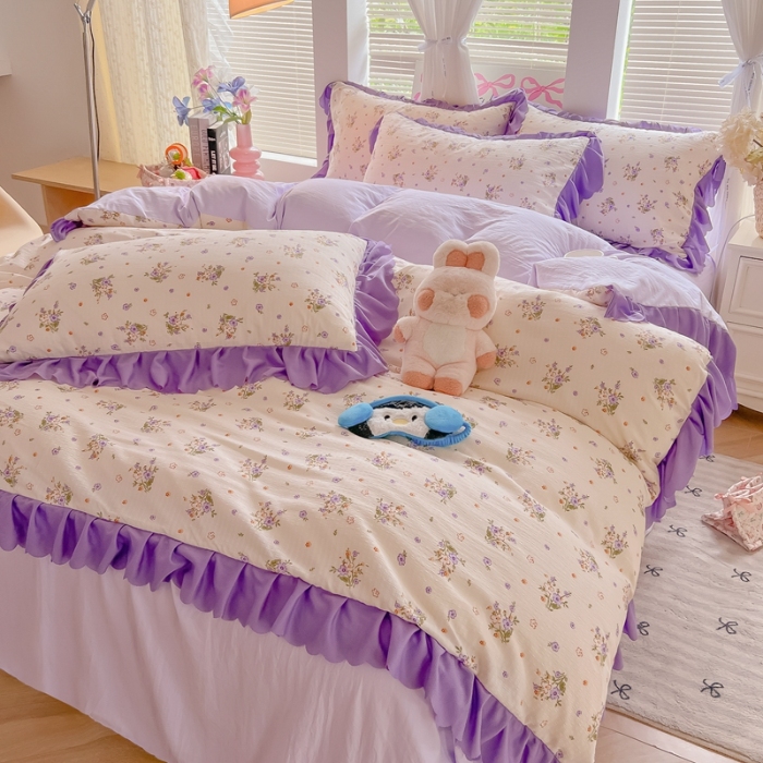 91家纺网 家纺一手货源 找家纺 （总）（含买家秀）2025年新款开学季泡泡棉小竹棉四件套小清花边床单被套宿舍三件套床上用品