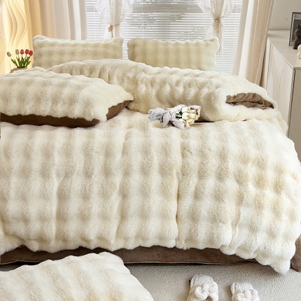 91家纺网 家纺一手货源 找家纺 2025兔兔绒四件套床裙款兔毛绒七彩渐变大泡泡绒牛奶绒四件套