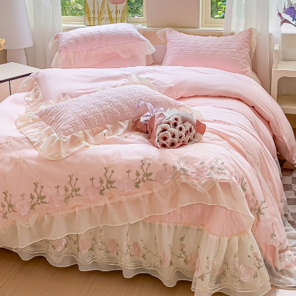 专柜品质苏米娜家纺2025春夏韩版法式公主风水洗棉床盖款多功能二合一被套 夏被床盖四件套 花恋-樱花粉