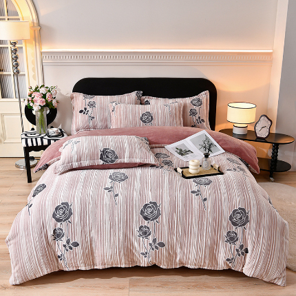 梦之星 2025新款8斤重牛奶绒6D雕花绒四件套法莱水晶金貂 玫瑰-粉