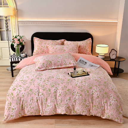 梦之星 2025新款8斤重牛奶绒6D雕花绒四件套法莱水晶金貂 桃花朵朵-粉