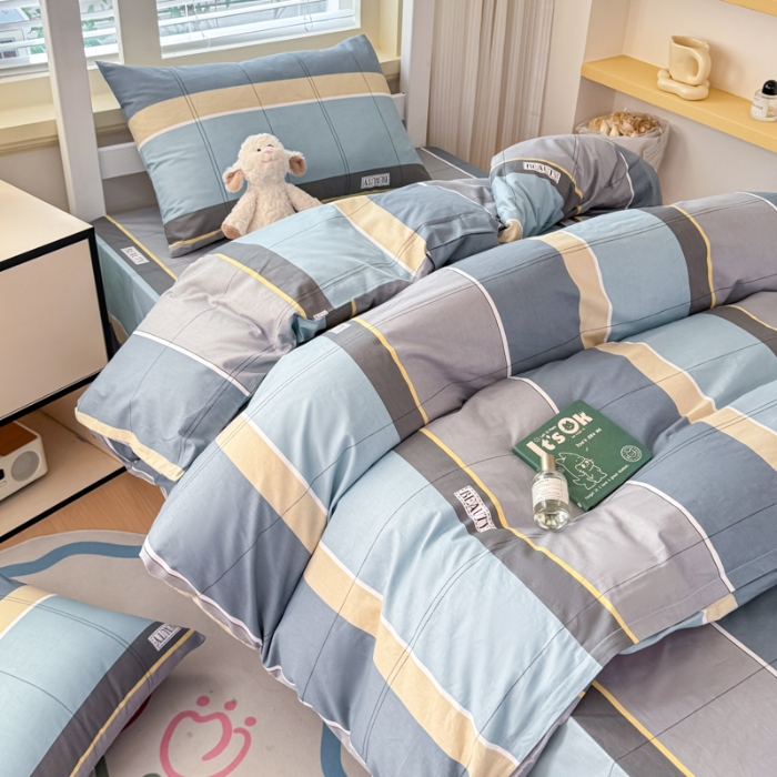 91家纺网 家纺一手货源 找家纺 （总）【苏东来】2025简约13372纯棉全棉学生三件套宿舍上下铺全棉纯棉格子印花三件套件单品被套床单枕套学生季