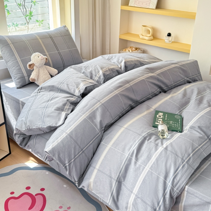 91家纺网 家纺一手货源 找家纺 （总）【苏东来】2025简约13372纯棉全棉学生三件套宿舍上下铺全棉纯棉格子印花三件套件单品被套床单枕套学生季