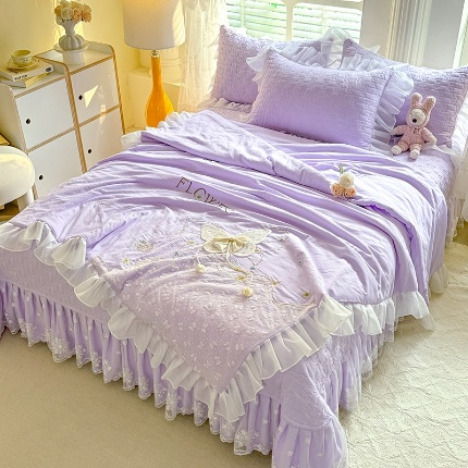 （总）苏米娜家纺2025春夏新品韩版甜美公主风超柔水洗棉床盖四件套刺绣针织棉双层纱纯棉棉麻全棉少女心夹棉床裙款夏被款床盖四件套